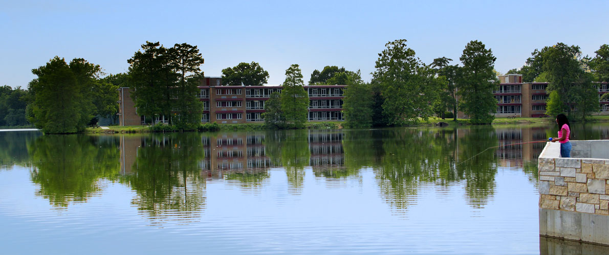 View of SIU Campus Lake, with Thompson Point residence halls in background.